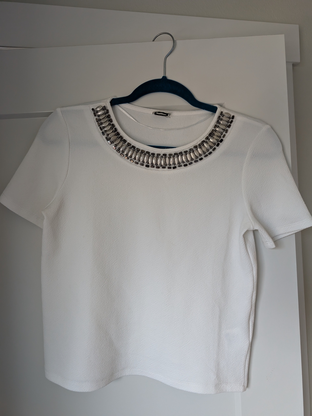 Embellished White Short-Sleeve Jewel Neck Top